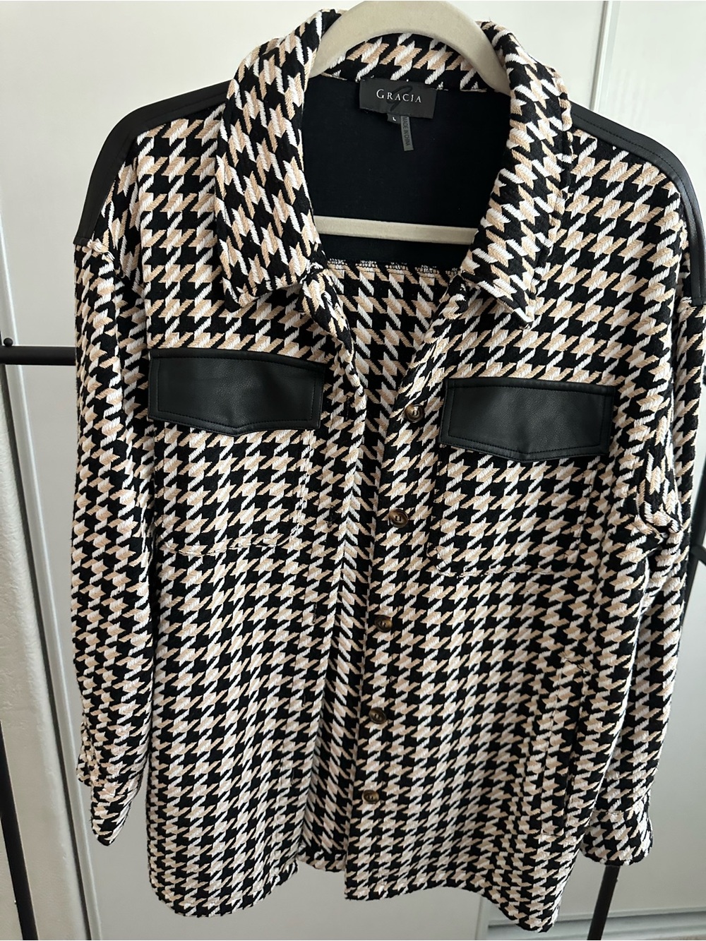 Gracia Womens Houndstooth Button-Up Shirt Jacket
